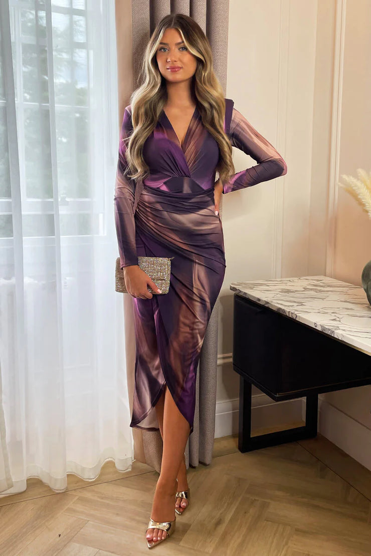 Elsie Plum Printed Long Sleeve Midi Dress