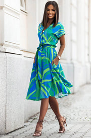 Zoey Green Abstract Print Belted Midi Dress