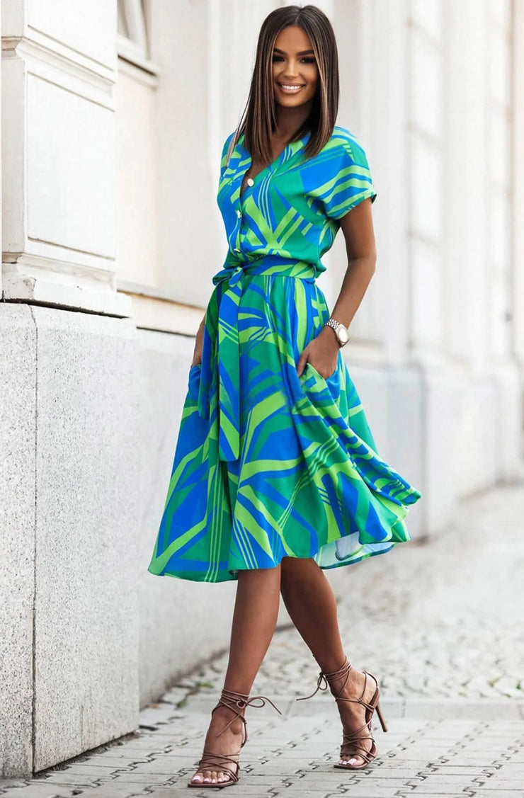 Zoey Green Abstract Print Belted Midi Dress