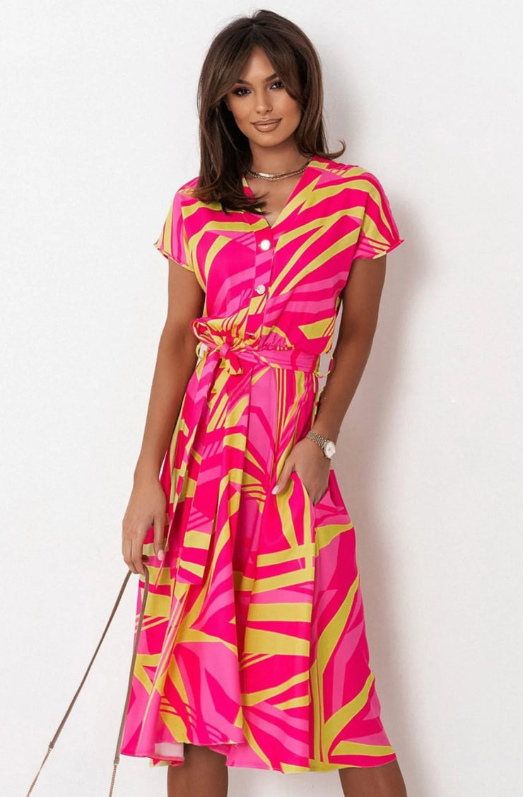 Zoey Pink Abstract Print Belted Midi Dress