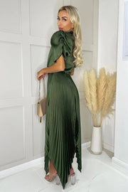 Amelia Olive High Neck Puff Sleeve Pleated Midi Dress