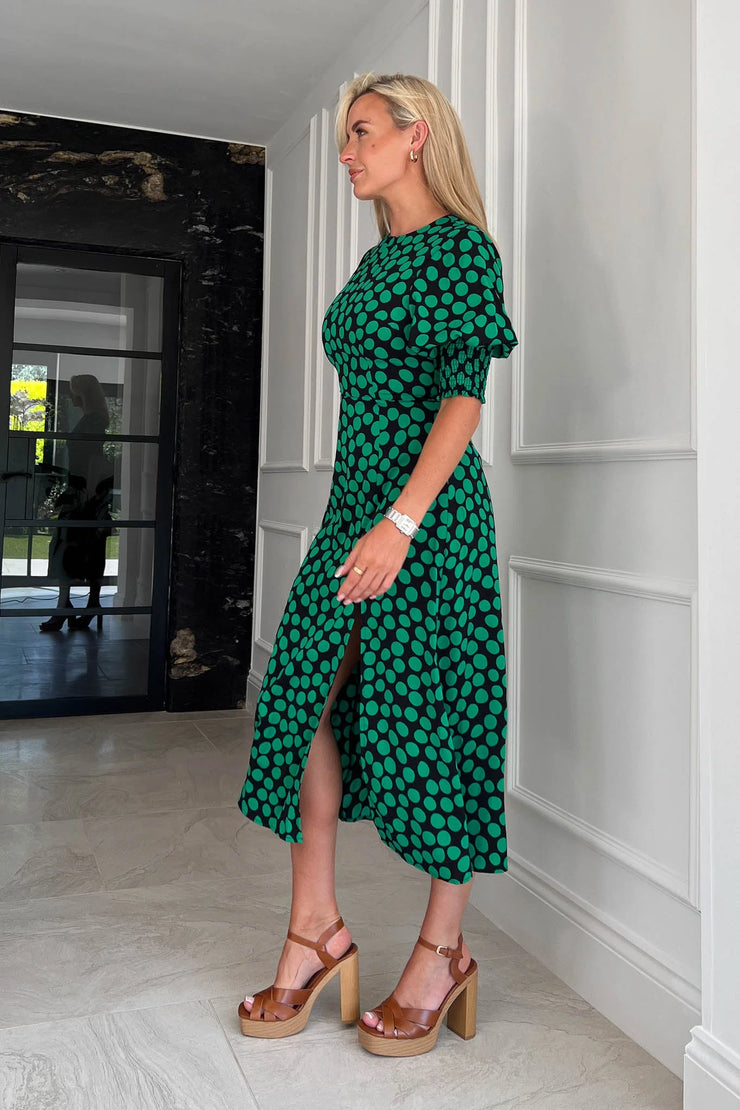 Bernie Green Polka Dot Shirred Cuff Midi Dress