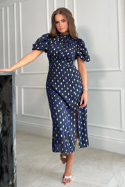 Lilly Navy Gold Foil Print Puff Sleeve Midi Dress