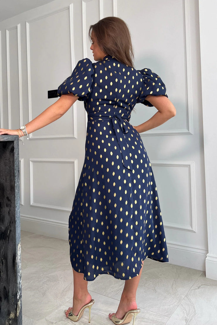 Lilly Navy Gold Foil Print Puff Sleeve Midi Dress