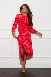 Tania Red and Pink Floral Long Sleeve Midi Dress