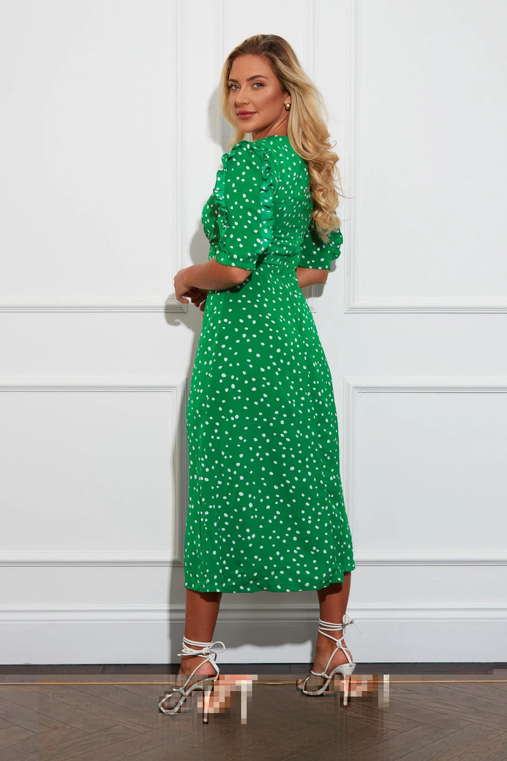 Carly Green Polka Dot Frill Sleeve Midi Dress