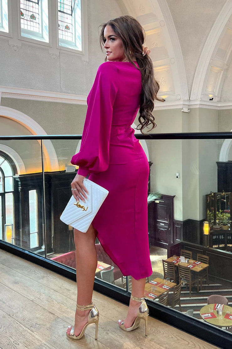 Alexa Magenta Pink Asymmetric Long Sleeve Dress