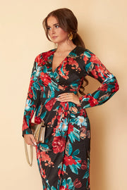 Grace Red Teal Floral Print Long Sleeve Maxi Dress