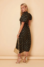 Lilly Black Gold Foil Print Puff Sleeve Midi Dress