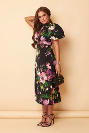 Lilly Black Floral Print Puff Sleeve Midi Dress