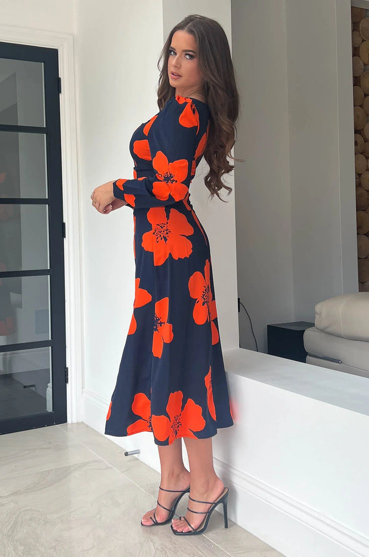 Breanna Navy & Orange Floral Square Neck Midi Dress