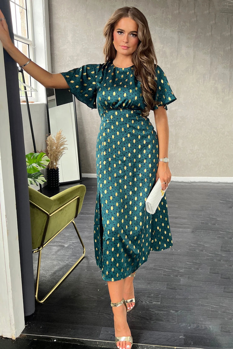 Jojo Green with Gold Foil Print Angel Sleeve Midi Dress