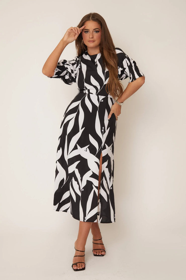 Brogan Black White Floral Print Midi Dress