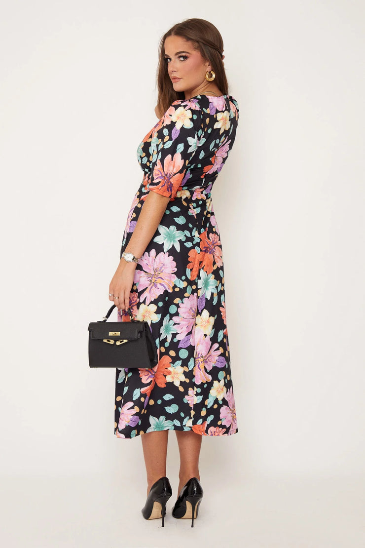 Pollie Polka Dot Floral Print Midi Dress