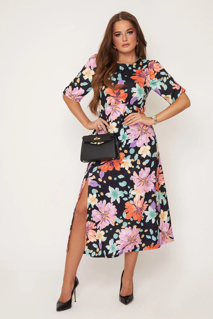 Pollie Polka Dot Floral Print Midi Dress