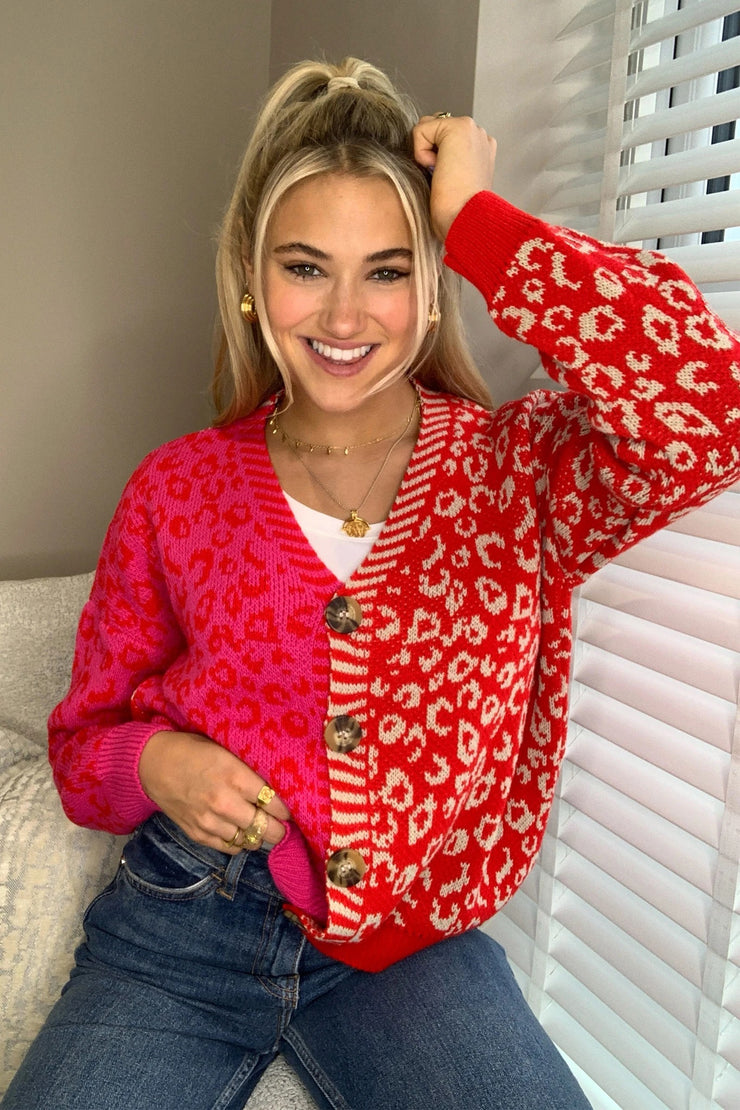 Ellen Red and Pink Multi Print Button Cardigan