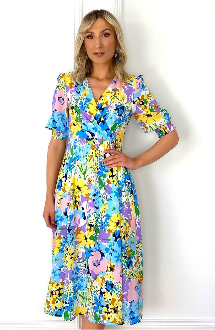 Jane Yellow Blue Multi Floral Print Midi Dress