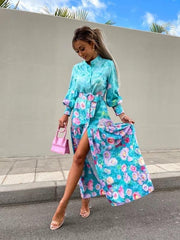 Carla Blue Floral Print Belted Maxi Shirt Dress