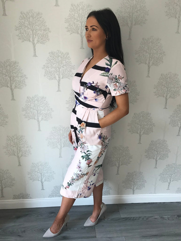 Sally Pink Floral Print Culotte Jumpsuit with Pockets