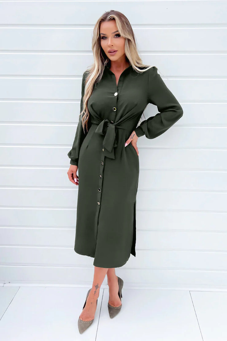 Faith Olive Green Tie Front Midi Shirt Dress