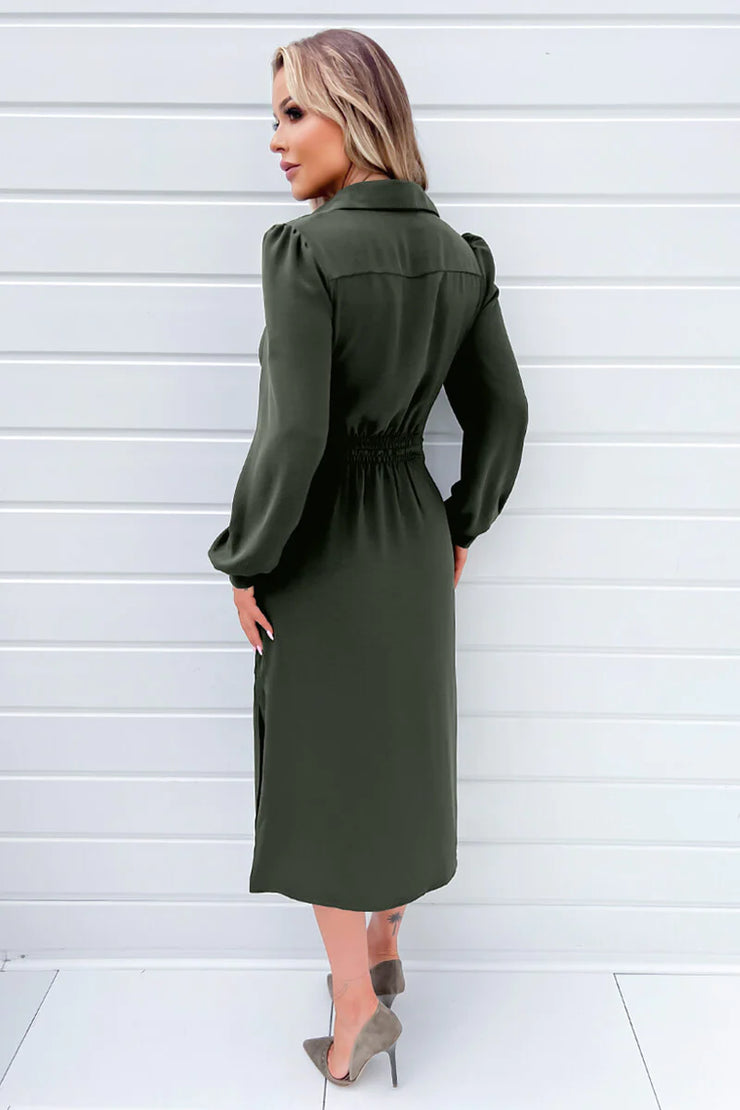 Faith Olive Green Tie Front Midi Shirt Dress