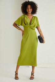 Farra Lime Green Twist Detail Satin Midi Dress