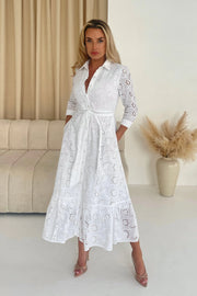 Lauren White Broidery Shirt Belted Maxi Dress