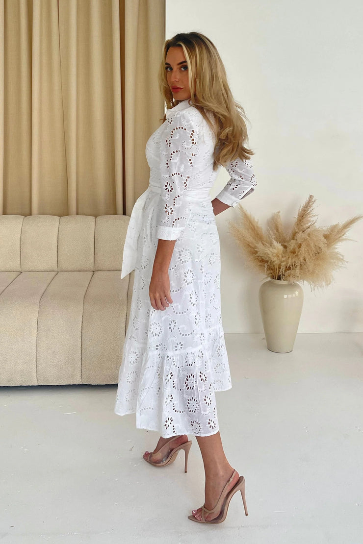 Lauren White Broidery Shirt Belted Maxi Dress