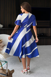 Glenda Cobalt Stripe Belted Wrap Front Midi Dress