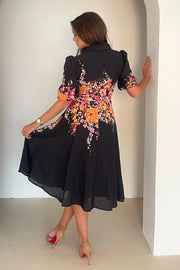 Anya Black Floral Boarder Print Belted Midi Dress