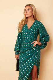 Alexa Green with Gold Foil Asymmetric Long Sleeve Dress